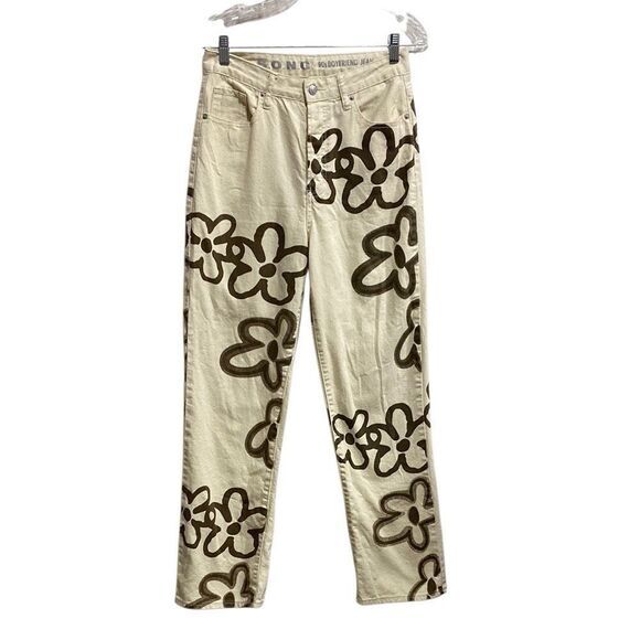 S.O.N.G. 90s Boyfriend Jeans Cream Brown Floral Print Size‎ 7/28 - Picture 1 of 12